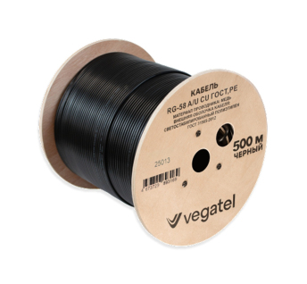 Кабель коаксиальный VEGATEL RG-58 A/U Cu (ГОСТ, PE, черный) бухта 500м